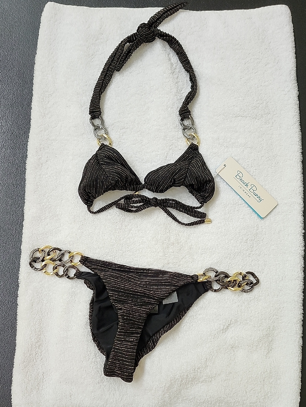 BEACH BUNNY Tatum Bikini Set - Black and Metallic Gold - New